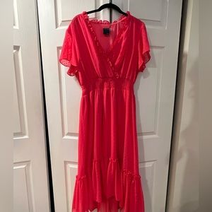 Hot Pink flutter sleeve high low midi dress with smocked waist. size 16.